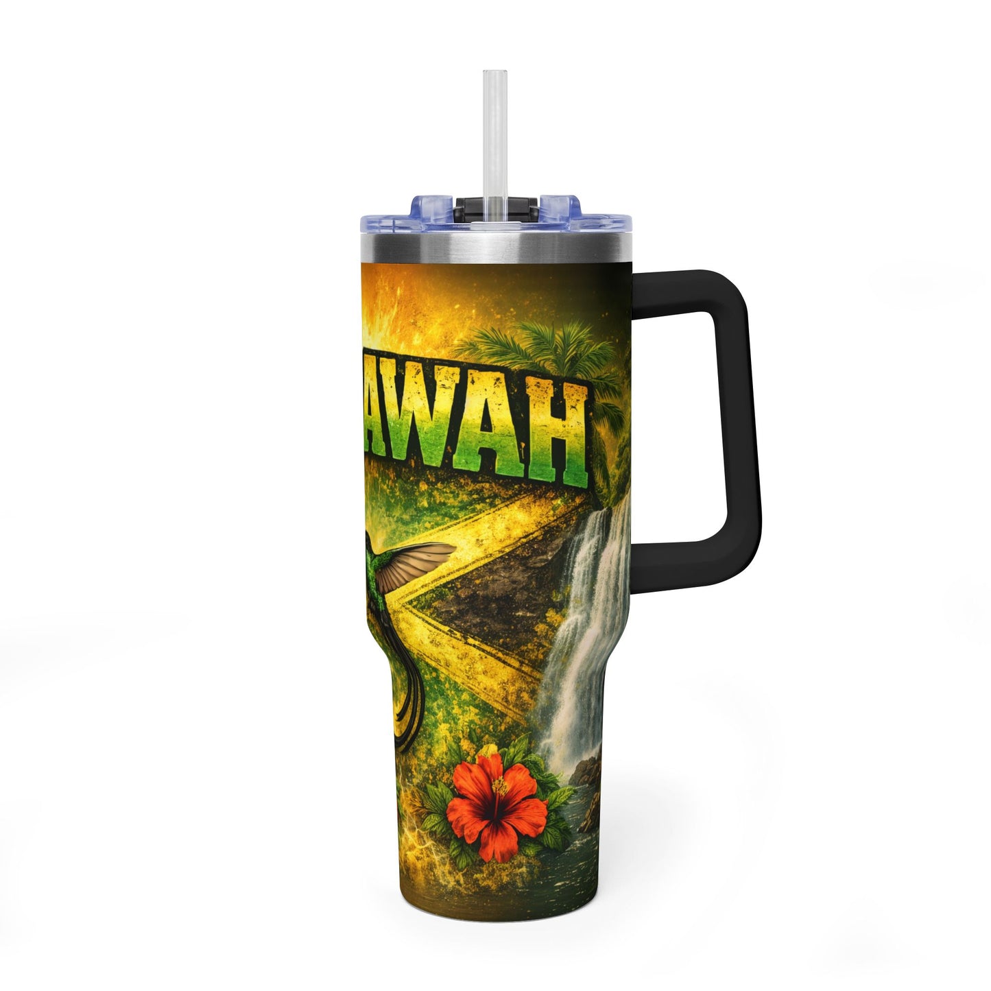 Yaad Vibes 40oz Vacuum Tumbler — Insulated Travel Mug with Hummingbird & Hibiscus Design