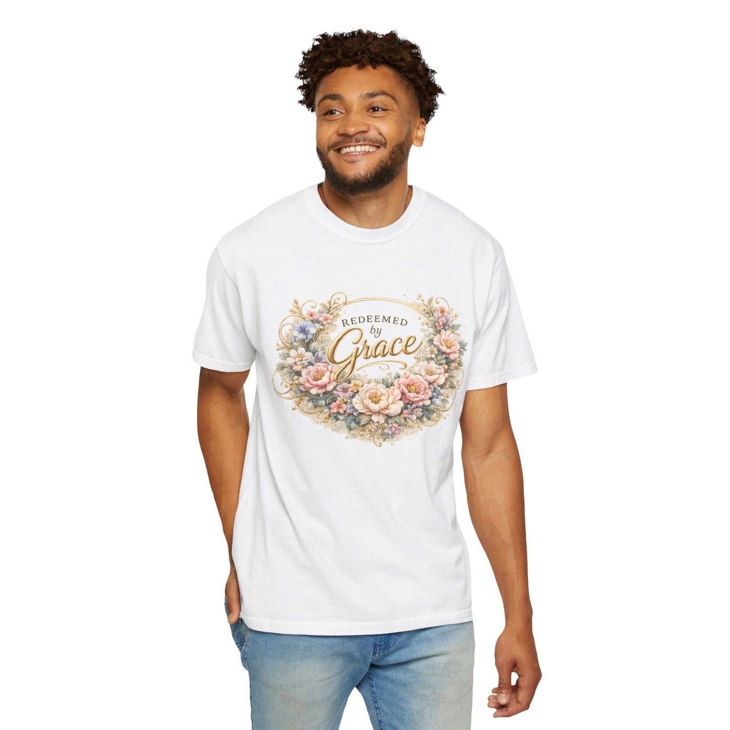 Golden Promises — Redeemed by Grace Floral Tee