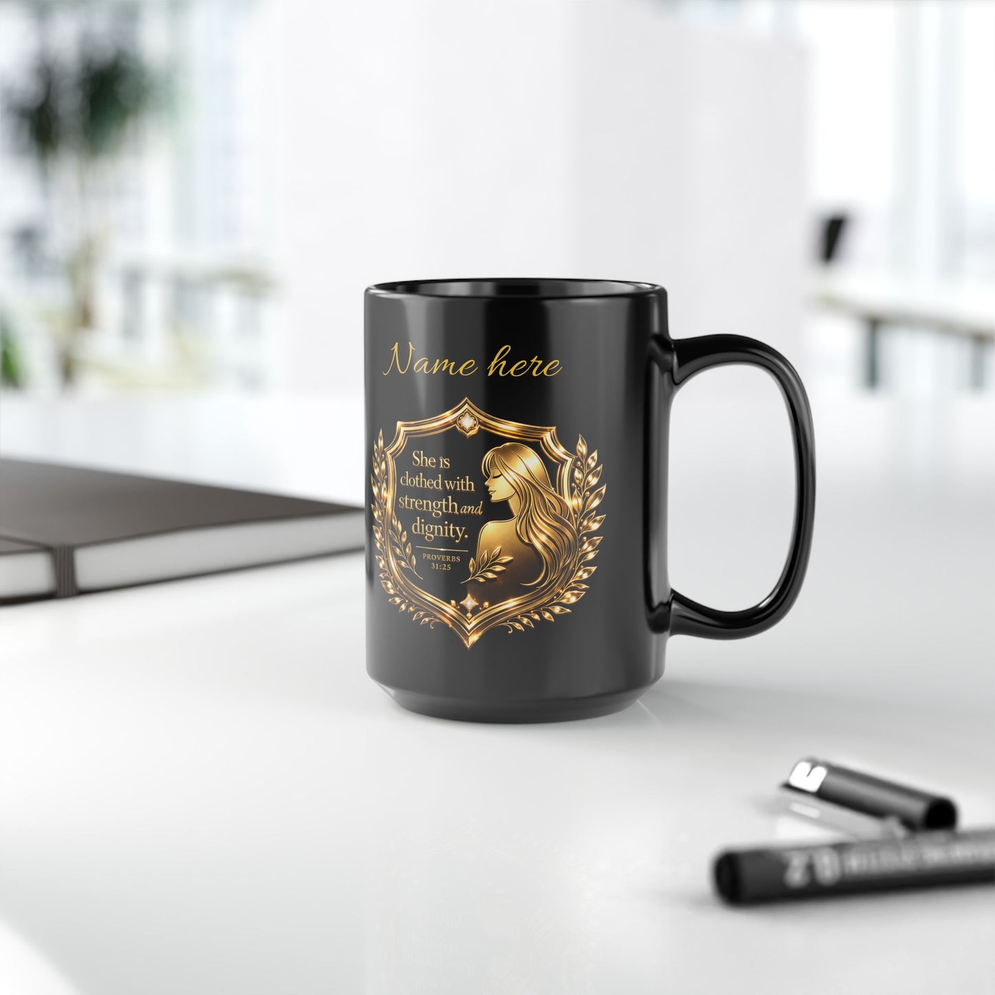 Proverbs 31 Woman Gold Crest Black Mug — 15oz Faith-Based Coffee Cup