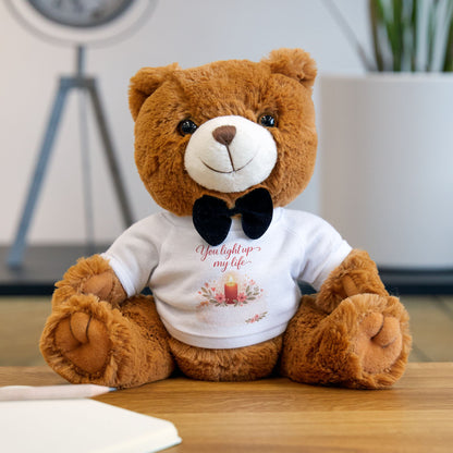 Brown Plush Teddy Bear with Bow Tie & Custom Candle T‑Shirt — Cute Gift for Kids, Valentine’s & Anniversary