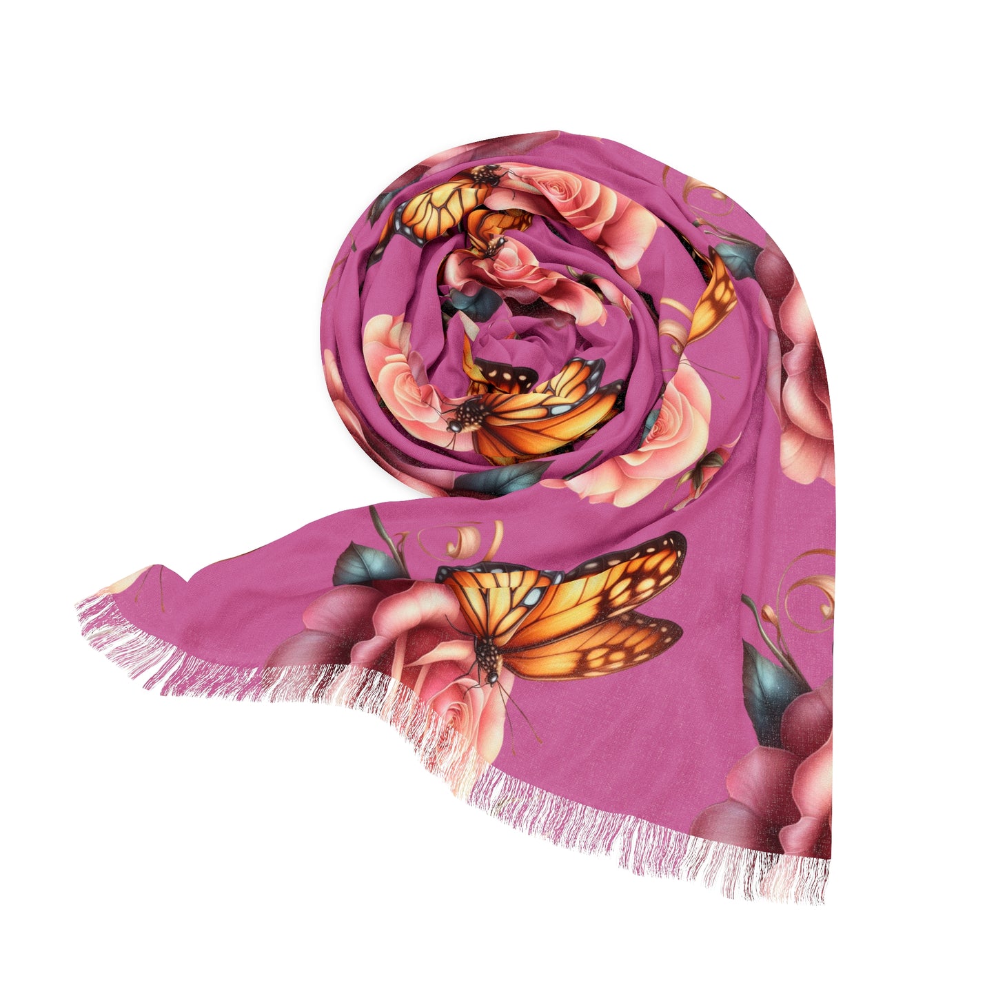 Pink Rose & Butterfly Scarf — Floral Lightweight Fashion Accessory