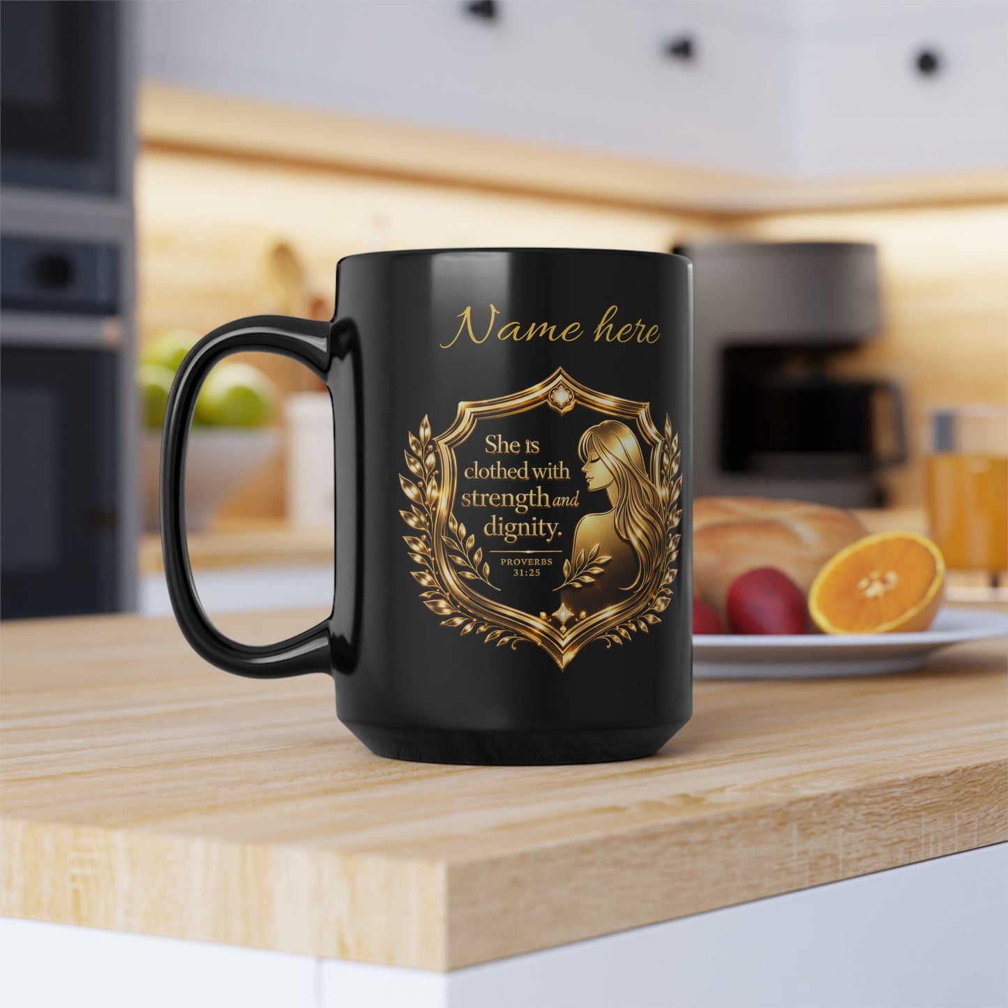 Proverbs 31 Woman Gold Crest Black Mug — 15oz Faith-Based Coffee Cup