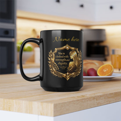 Proverbs 31 Woman Gold Crest Black Mug — 15oz Faith-Based Coffee Cup