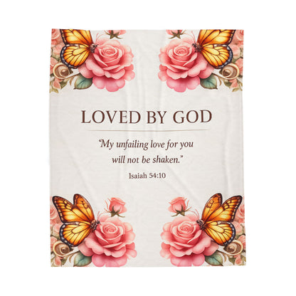 Velveteen Plush Blanket — "Loved By God" Isaiah 54:10 Floral & Butterfly Throw