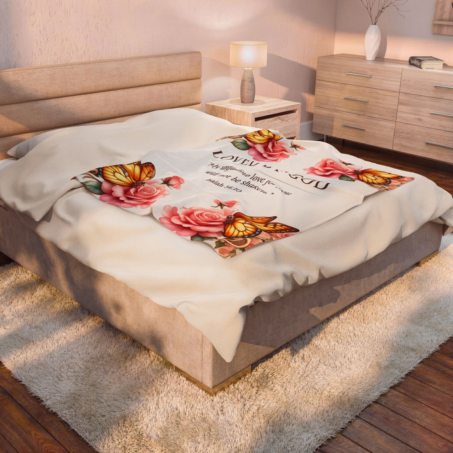 Velveteen Plush Blanket — "Loved By God" Isaiah 54:10 Floral & Butterfly Throw
