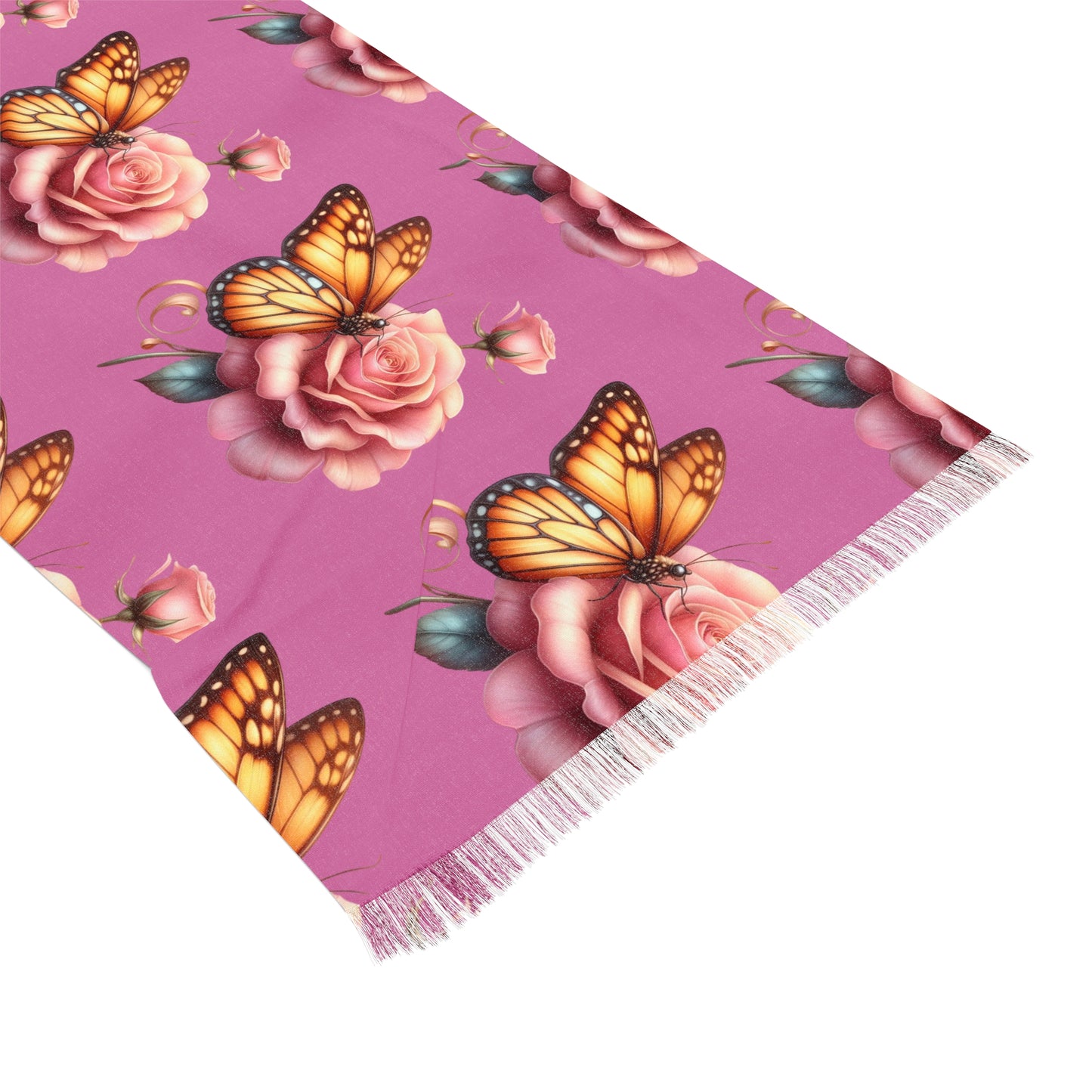 Pink Rose & Butterfly Scarf — Floral Lightweight Fashion Accessory