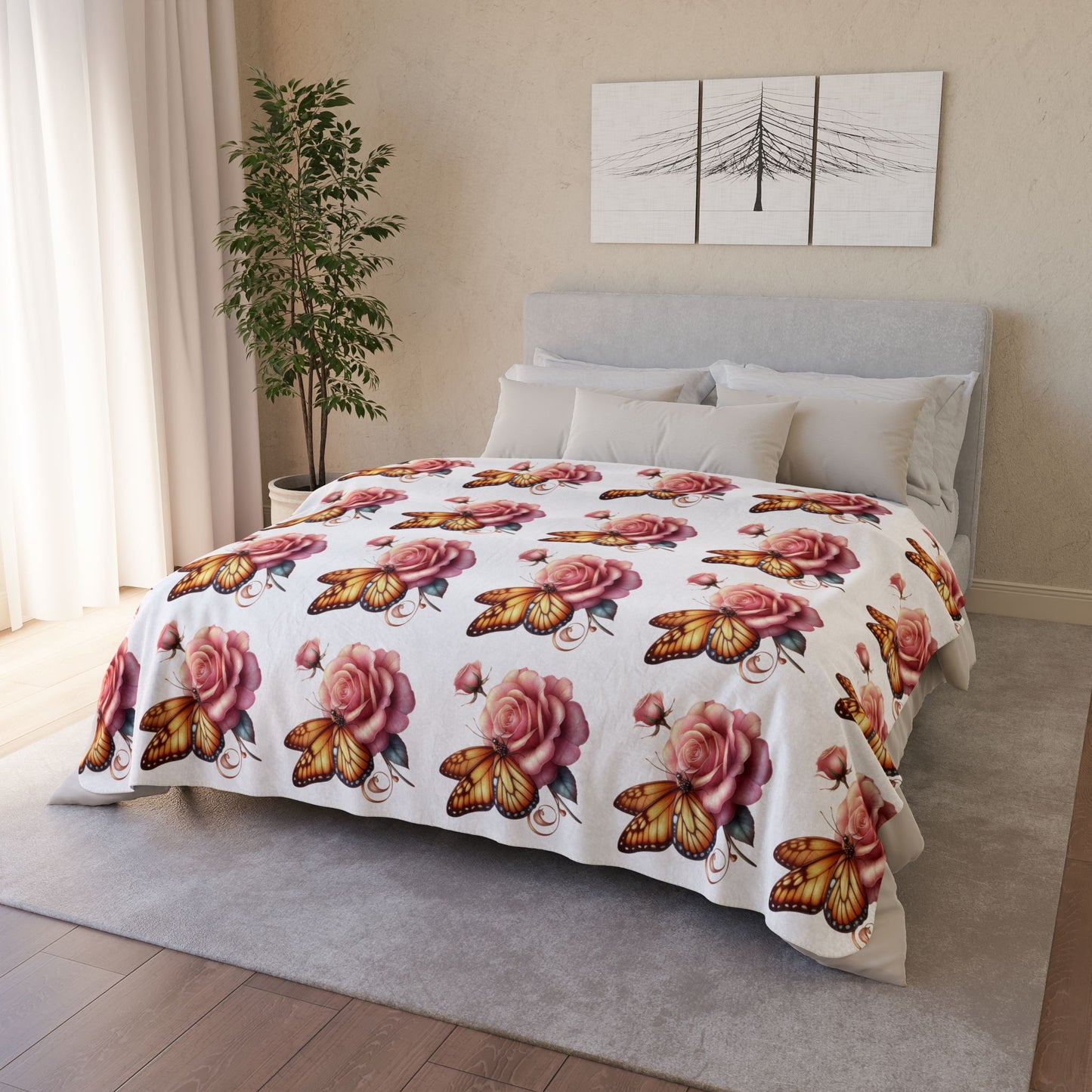 Grace In Bloom Butterfly & Rose Sherpa Blanket — Cozy Floral Fleece Throw for Home, Gifts & Comfort