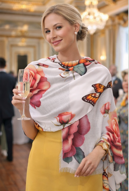 Pink Rose & Butterfly Scarf — Mother's Day Floral Lightweight Scarf