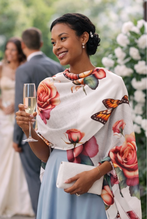 Pink Rose & Butterfly Scarf — Mother's Day Floral Lightweight Scarf