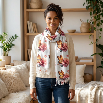 Pink Rose & Butterfly Scarf — Mother's Day Floral Lightweight Scarf