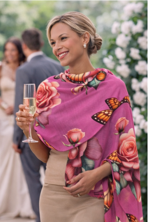 Pink Rose & Butterfly Scarf — Floral Lightweight Fashion Accessory
