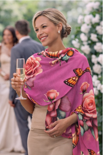 Pink Rose & Butterfly Scarf — Floral Lightweight Fashion Accessory