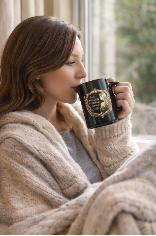 Proverbs 31 Woman Gold Crest Black Mug — 15oz Faith-Based Coffee Cup
