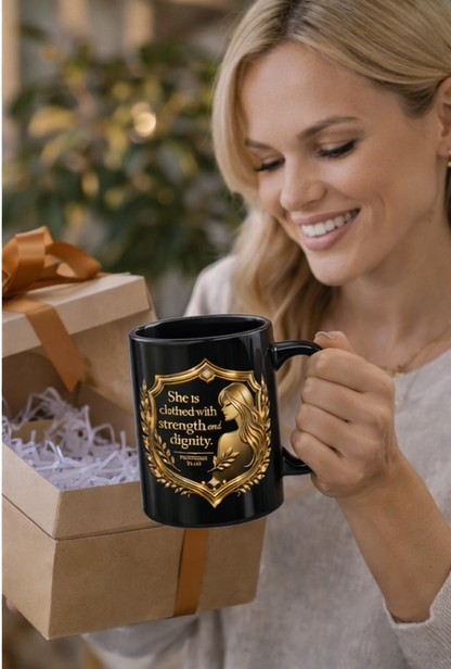 Proverbs 31 Woman Gold Crest Black Mug — 15oz Faith-Based Coffee Cup