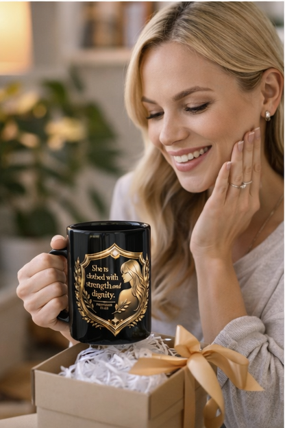 Proverbs 31 Woman Gold Crest Black Mug — 15oz Faith-Based Coffee Cup