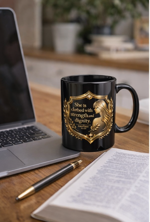 Proverbs 31 Woman Gold Crest Black Mug — 15oz Faith-Based Coffee Cup