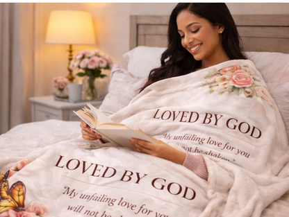 Velveteen Plush Blanket — "Loved By God" Isaiah 54:10 Floral & Butterfly Throw