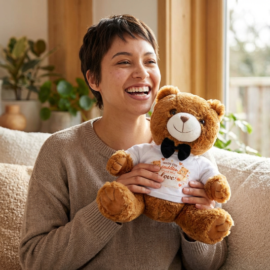 Brown Plush Teddy Bear with Bow Tie — "Made for Cuddles and Love" T-Shirt Gift