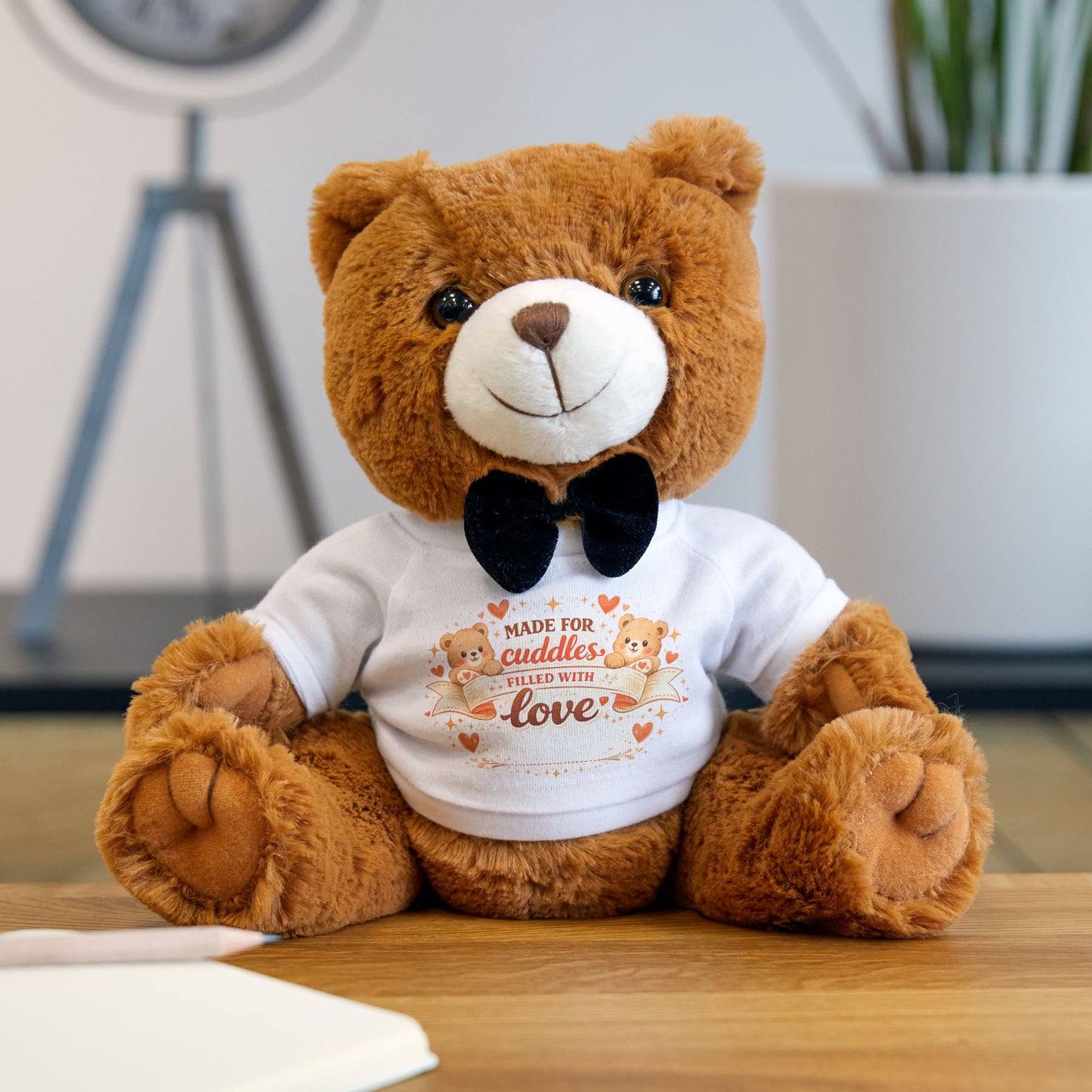 Brown Plush Teddy Bear with Bow Tie — "Made for Cuddles and Love" T-Shirt Gift