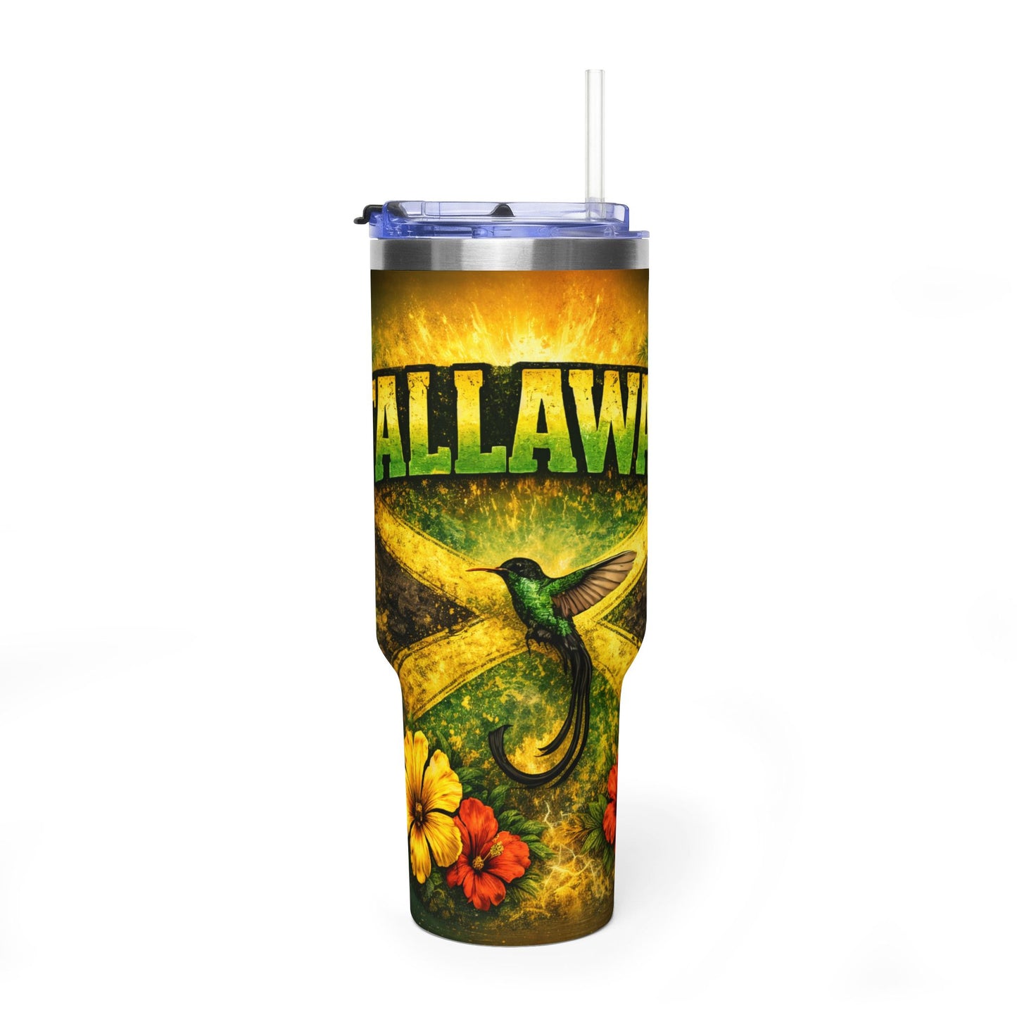 Yaad Vibes 40oz Vacuum Tumbler — Insulated Travel Mug with Hummingbird & Hibiscus Design