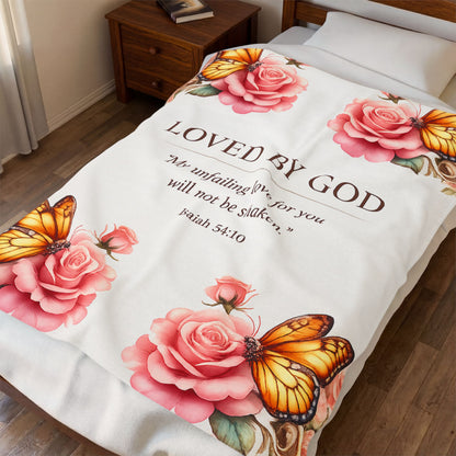 Velveteen Plush Blanket — "Loved By God" Isaiah 54:10 Floral & Butterfly Throw
