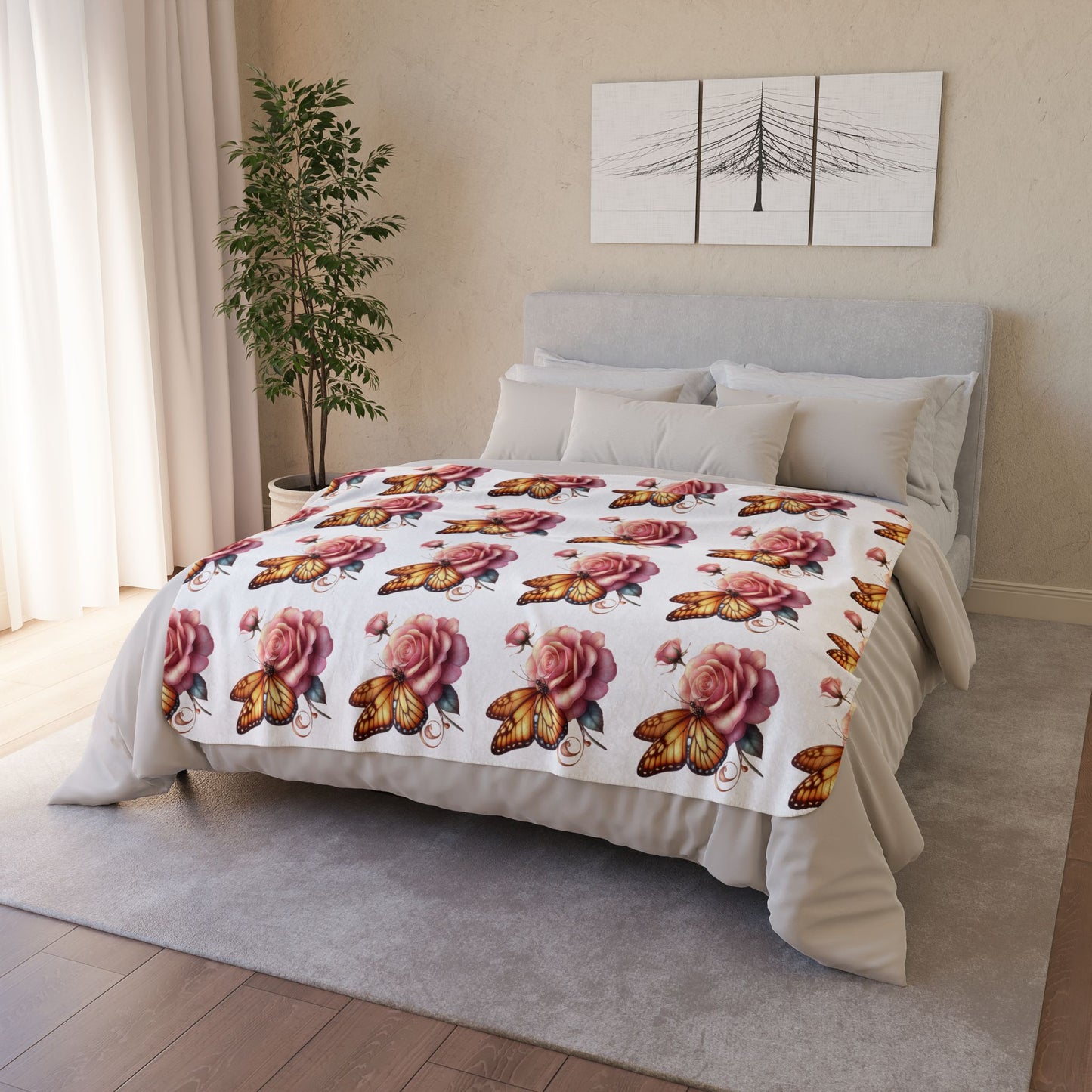 Grace In Bloom Butterfly & Rose Sherpa Blanket — Cozy Floral Fleece Throw for Home, Gifts & Comfort